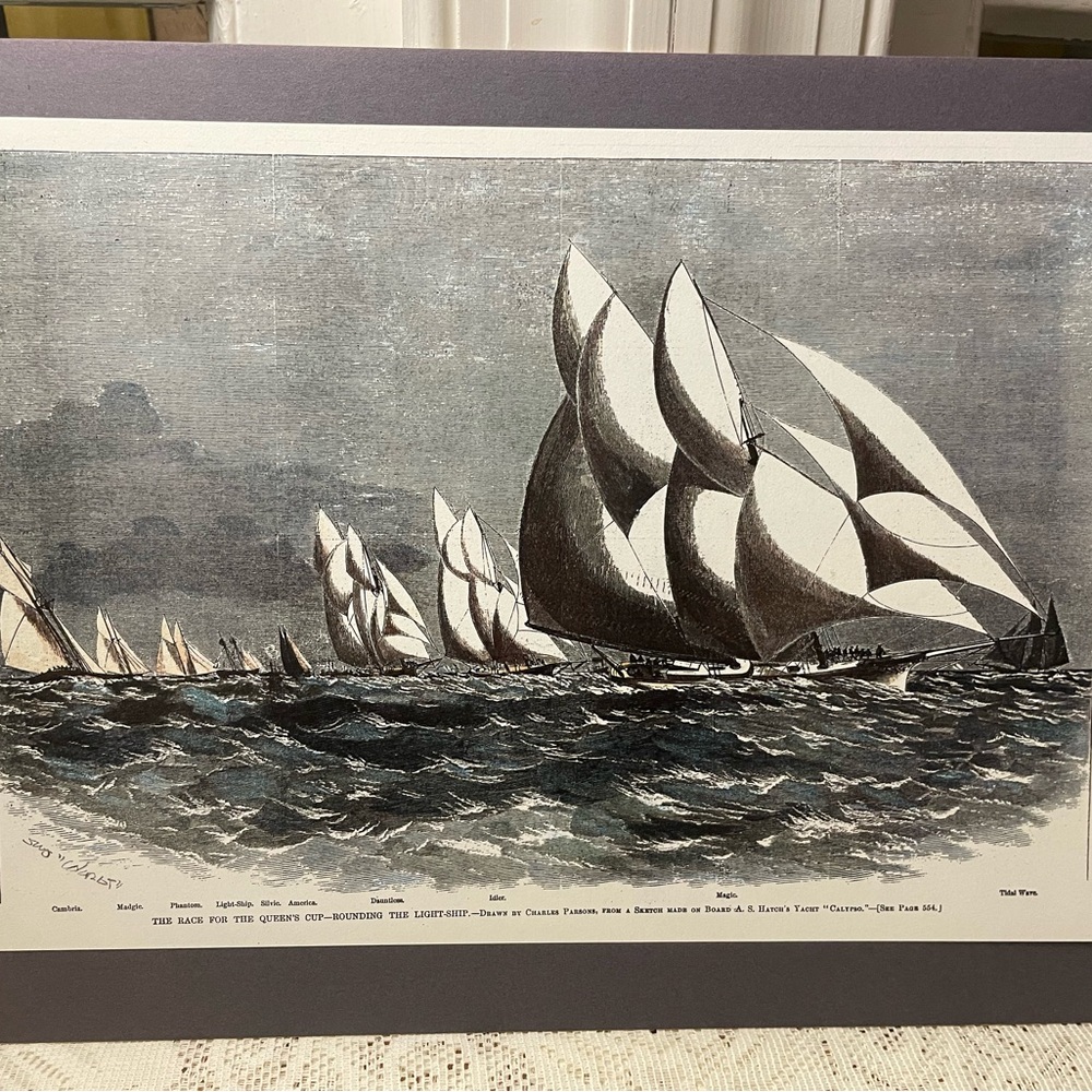Vintage Hand Colored Etching Yacht Race The Queen's Cup Charles Parsons 1870